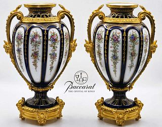  Pair Of 19th Century Baccarat Opaline Figural Bronze Mounted Vases
