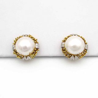 18K Gold Diamond and Mabe Pearl Earrings