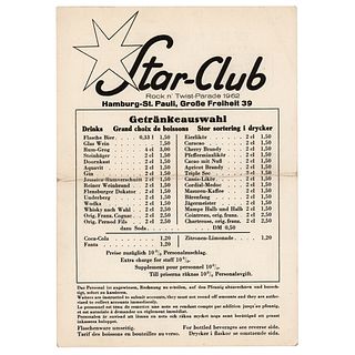 Beatles 1962 Hamburg Star-Club Rock n&rsquo; Twist Parade Drinks Menu (Germany)