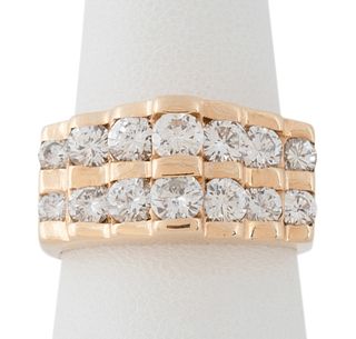 DIAMOND AND 14K YELLOW GOLD TWO ROW RING