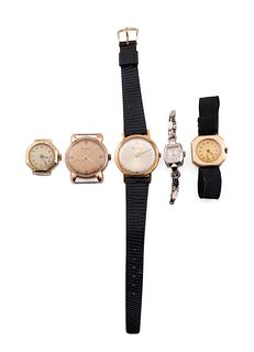 FIVE GOLD WRIST WATCHES 3 WOMENS AND 2 MENS