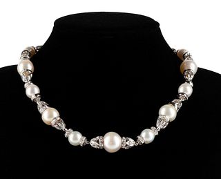 CULTURED PEARL, DIAMOND & 18K WHITE GOLD NECKLACE