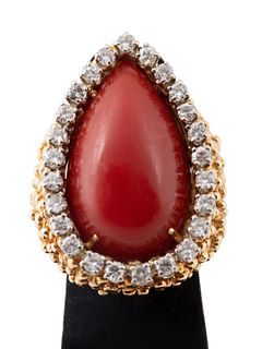 CORAL, DIAMOND, AND 18K YELLOW GOLD RING