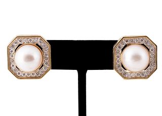 MABE PEARL, DIAMOND AND 18K YELLOW GOLD EARRINGS