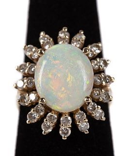 LADIES OPAL, DIAMOND AND 14K YELLOW GOLD RING