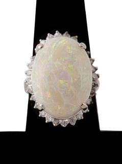 OPAL, DIAMOND AND 10K WHITE GOLD RING