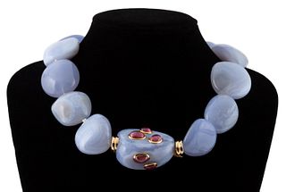 BLUE LACE AGATE, RUBELITE AND 18K GOLD NECKLACE