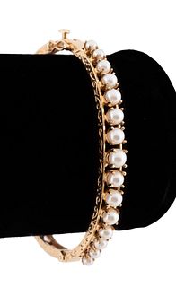 CULTURED PEARL AND 14K YELLOW GOLD BANGLE BRACELET