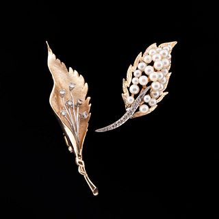 TWO PEARL, DIAMOND & 14K GOLD LEAF BROOCHES