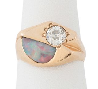 OPAL, DIAMOND AND 14K YELLOW GOLD RING