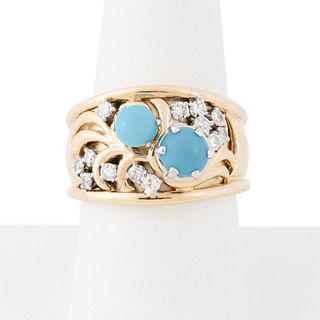TURQUOISE, DIAMOND AND 18K YELLOW GOLD RING