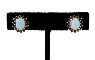 PAIR OPAL, SAPPHIRE AND 14K YELLOW GOLD EARRINGS