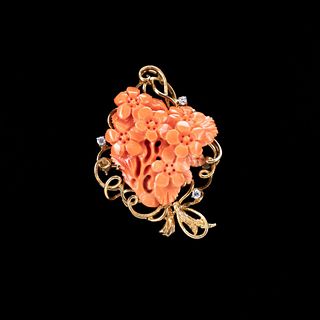 CARVED CORAL, DIAMOND AND 14K YELLOW GOLD BROOCH