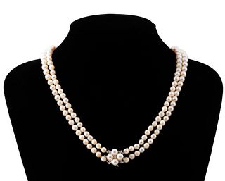 DOUBLE STRAND PEARL NECKLACE, GOLD & DIAMOND CLASP