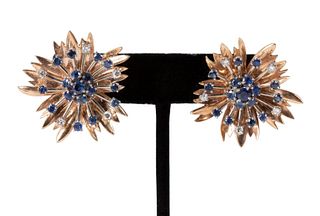 SAPPHIRE, DIAMOND AND 14K GOLD FLORAL EARRINGS