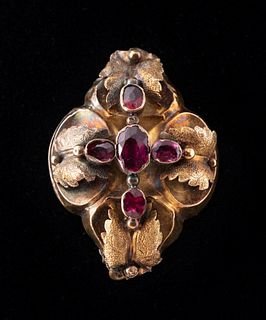 YELLOW GOLD PLATE & PINK STONE MOURNING BROOCH