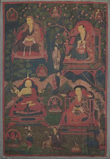 Antique Tibetan Thangka, 4 Arhats. Signed