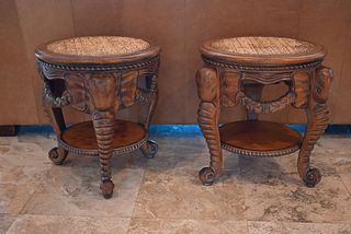 Pair of Wood Elephant Carved Side Tables