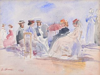 French School, Beach Scene w/ Figure. Watercolor
