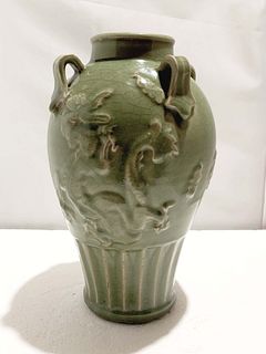 Chinese Yuan Style Longquan Celadon Handled Vase
