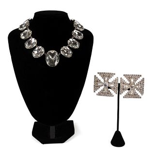 YSL SILVER TONE CRYSTAL EARRINGS & NECKLACE
