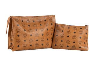 TWO MCM VISETOS LEATHER & CANVAS CLUTCH BAGS