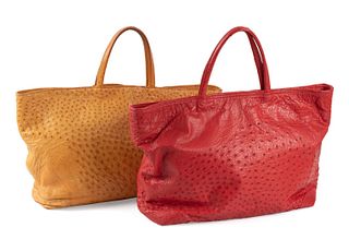 TWO RED & YELLOW OSTRICH LEATHER TOTE BAGS