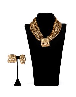 ISABEL CANOVAS GOLD TONE MASK NECKLACE & EARRINGS