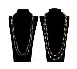 TWO WILLIAM DELILLO LONG BLACK BEADED NECKLACES