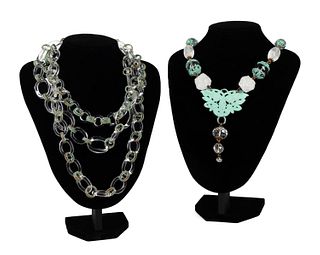TWO S. DWECK CRYSTAL & VERDIGRIS BRASS NECKLACES