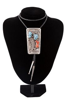 NAVAJO STERLING, CORAL, AND TURQUOISE BOLO TIE