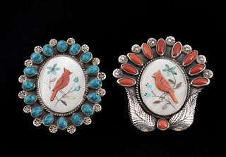 TWO RAY MORTON STERLING & INLAID STONE BIRD PINS
