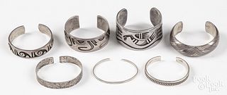 Seven Native American Indian silver cuff bracelets