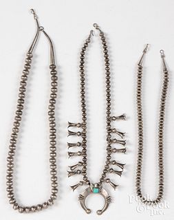 Three Navajo Indian silver bead necklaces
