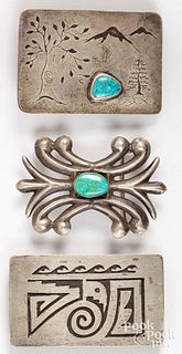 Three Native American Indian silver belt buckles