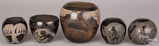 Five Santa Clara, Pueblo Indian blackware pots