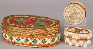 Three Woodlands Indian quill and bark boxes