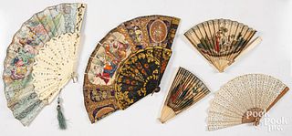 Five antique hand fans, including bone examples