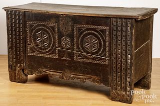 Continental carved oak coffer, 17th c.
