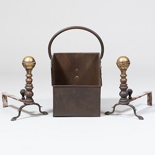Pair of Brass Andirons and a Copper Kindling Bucket