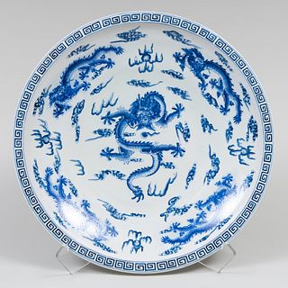 Chinese Blue and White Porcelain Charger Decorated with Dragons