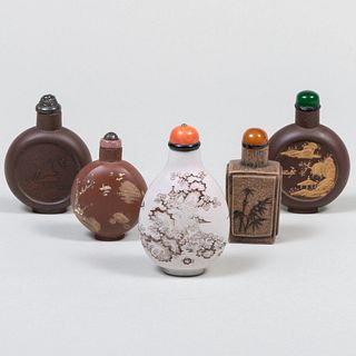 Group of Four Chinese Yixing Snuff Bottles and a Porcelain Snuff Bottles