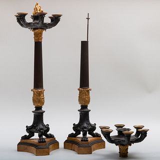 Pair of Charles X Patinated Bronze and Ormolu Six-Light Candelabra
