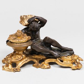 Louis XV Style Ormolu and Patinated-Bronze Neptune Inkwell