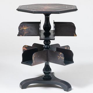 Victorian Japanned, Ebonized and Brass Banded Revolving Bookcase Tripod Table