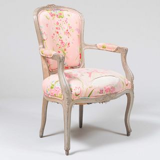 Louis XV Style Carved and Grey-Green Painted Upholstered Fauteuil