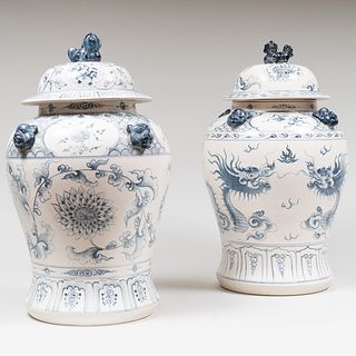 Pair of Modern Swatow Style Porcelain Covered Jars