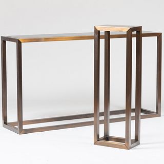 Modern Bronzed-Metal Console Table and a Modern Bronzed-Metal Pedestal