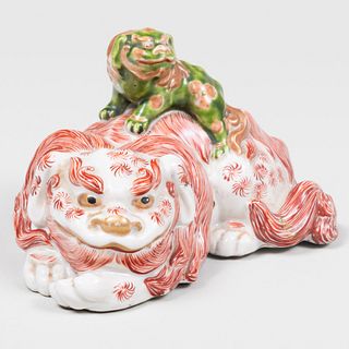 Japanese Porcelain Recumbant Lion and Pup
