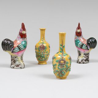 Pair of Chinese Yellow Glazed Porcelain Bud Vases and a Pair of Famille Rose Porcelain Roosters